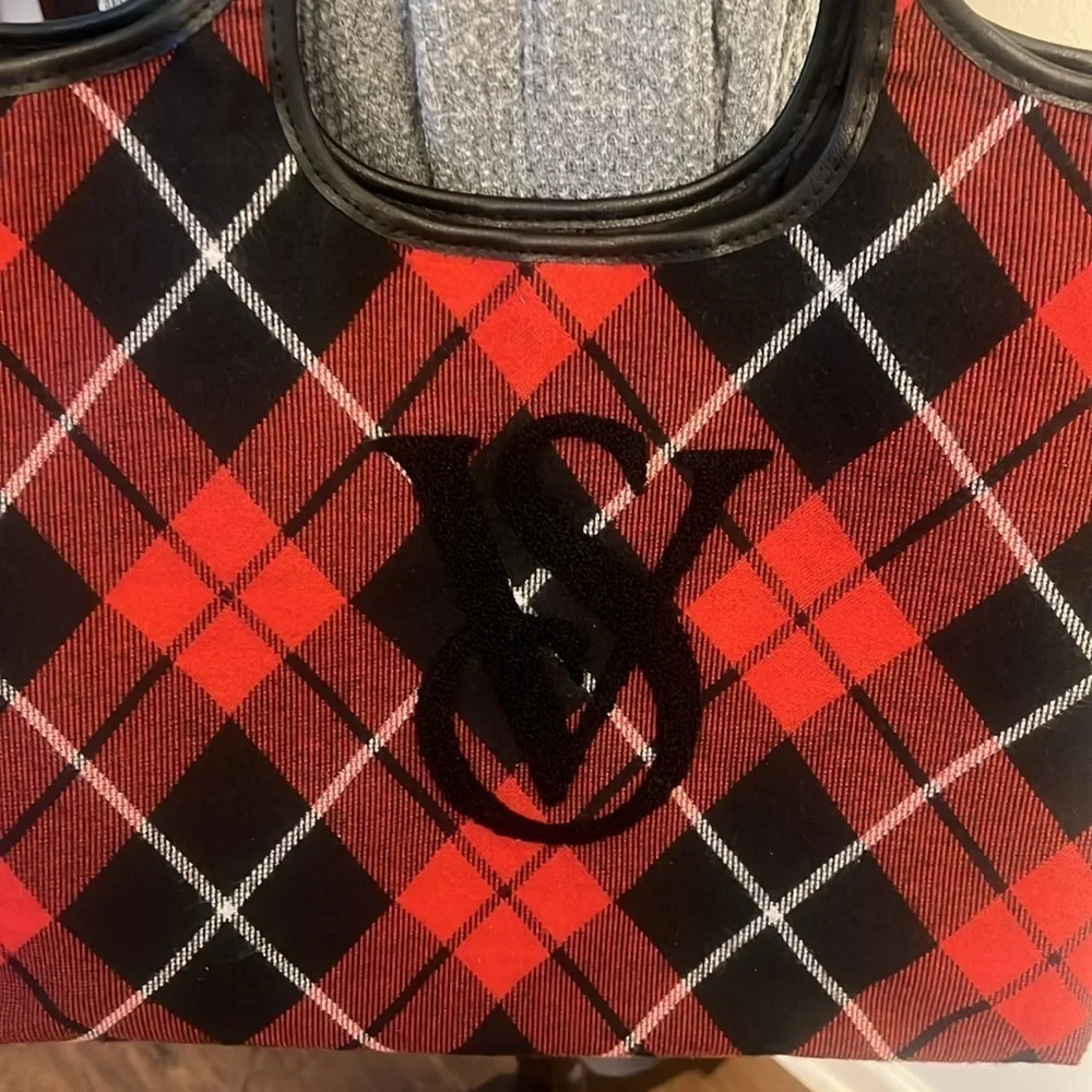 Victoria's Secret Plaid Flannel Red and Black Tote with Large Embroidered Logo - Picture 2 of 8
